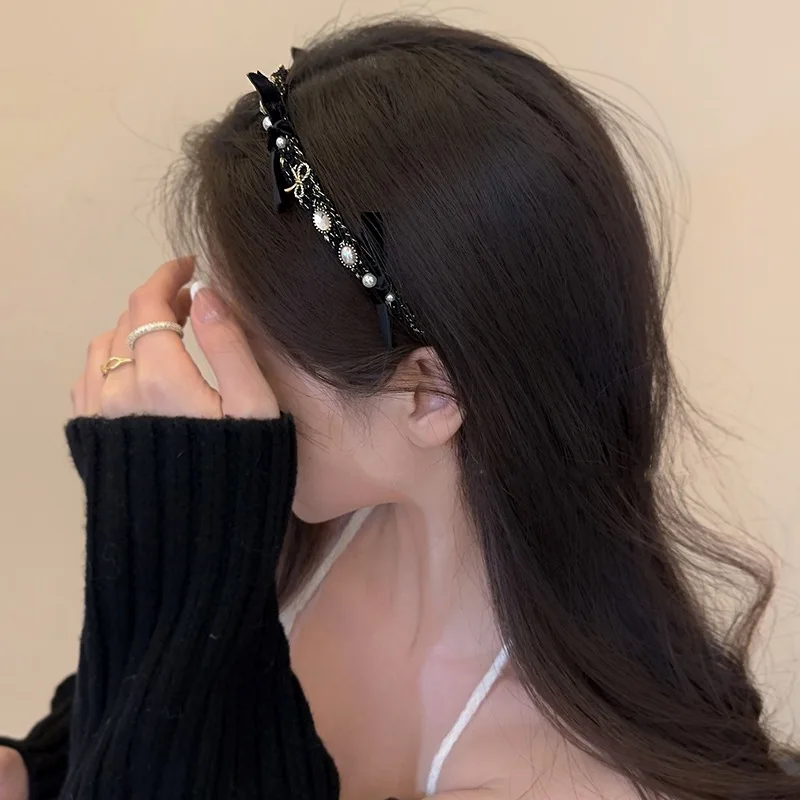 Vintage Pearl Rhinestone Headband Versatile Hairhoop Fashion  Temperament woman Hair Accessories Thousand bird grid  headband