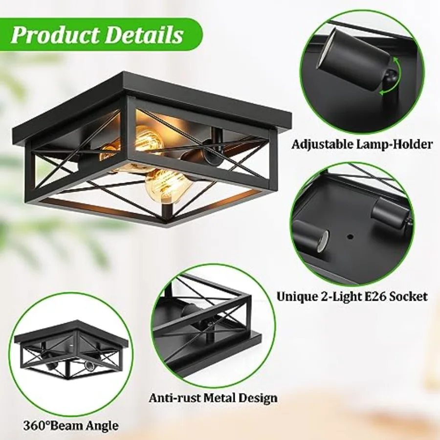 2-Light Industrial Square Flush Mount Ceiling Light, Farmhouse Ceiling Light Fixture for Kitchen, Modern Close to Ceiling Light view 5