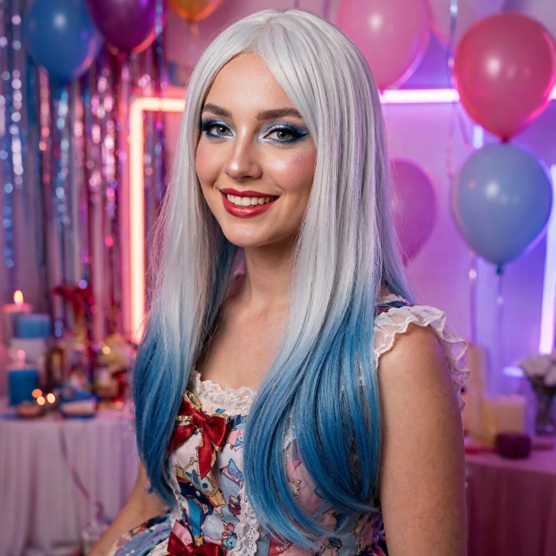 Silver White Blue Gradient Premium Synthetic Fiber Long Straight Wig Ombre Highlights Middle Part Bangs Layered Inner Curl Tips Heat Resistant Adjustable Cap for Women Girls Anime Cosplay Party Halloween Costume Role Play Stage Show Photo Shoot