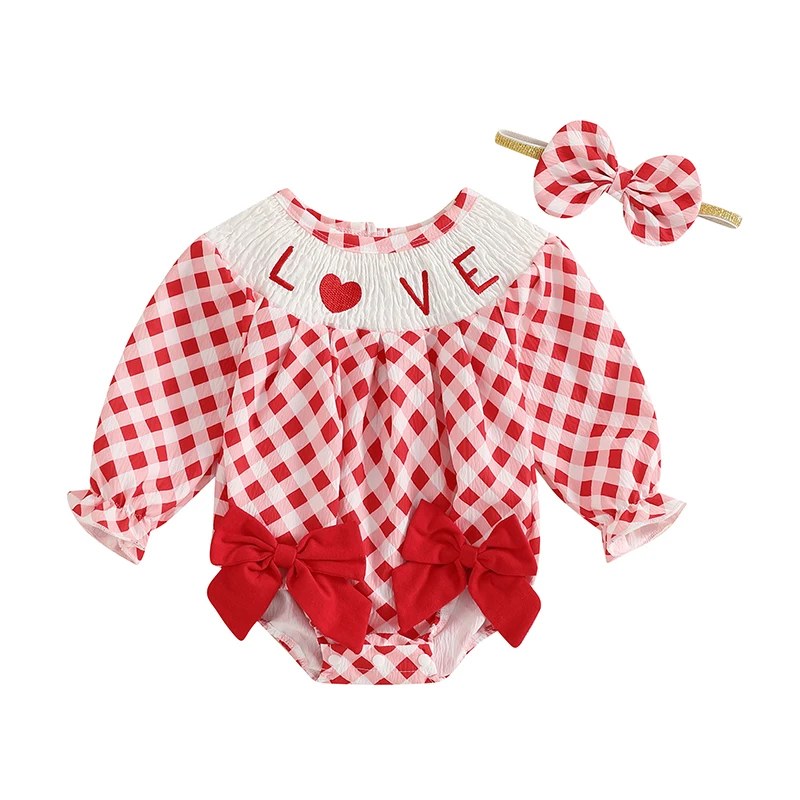 Infant Baby Girl Valentines Outfit Long Sleeve Heart Newborn Baby Girl Smocked Bubble Romper + Headband