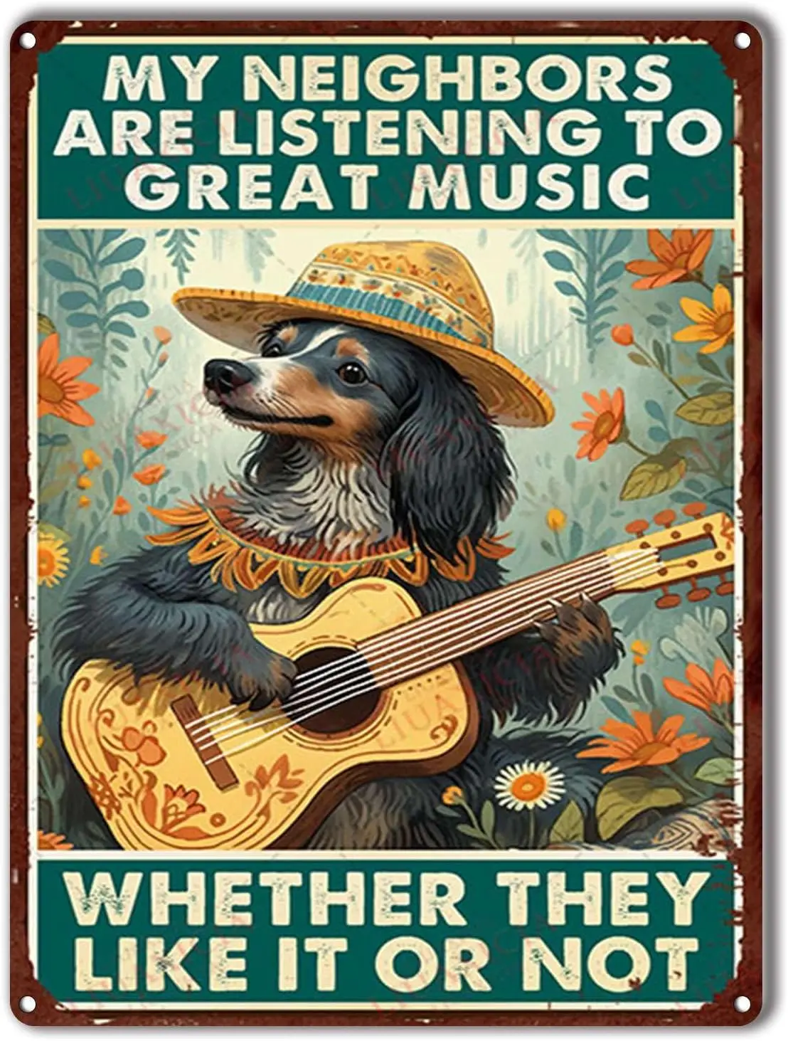 Retro Tin Sign Rock Music My Neighbors Are Listening To Great Music Dog Guitar for Cafe Bar Pub Beer Bar Decor Art Tin Signs 12.