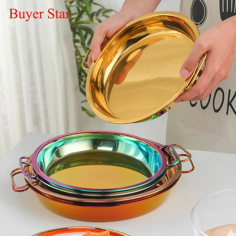 Round Stainless steel pan cakPizza Baking tray with handle Noodle food serving pot tableware cookware Gold Metal kitchen tools