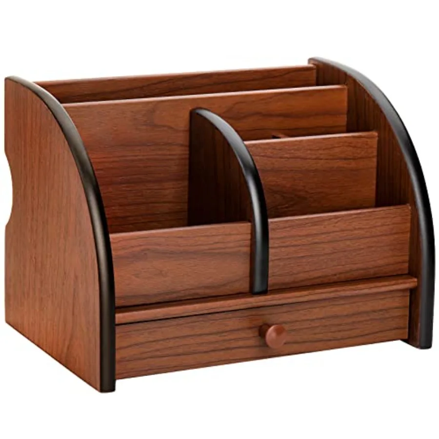 

Wooden Desk Organizer with Drawer Remote Control Holder Caddy Makeup Organize Wood Peil Holder Desktop Supplies and Stationery