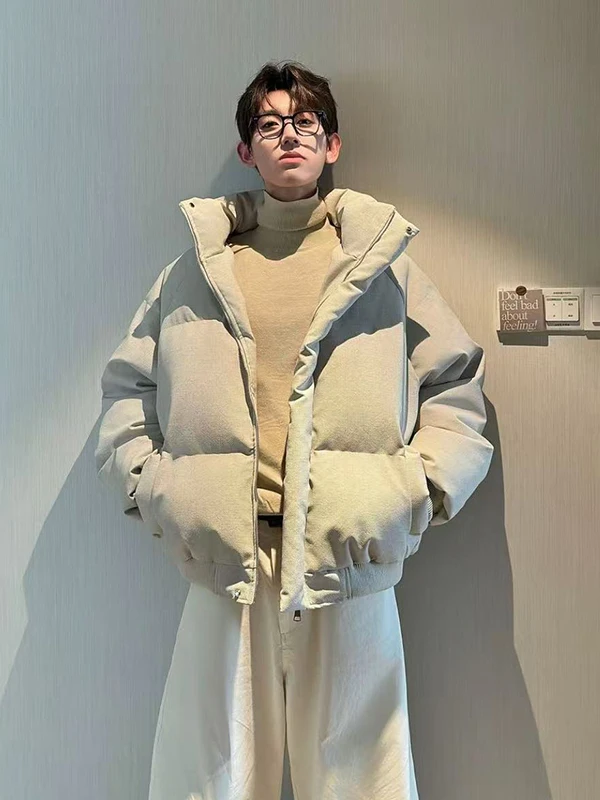 

HN Trendy Canvas Leather Winter Thiened Warm Cotton Jaet Men's Casual Stand Collar All-Match Sle Youth Faion