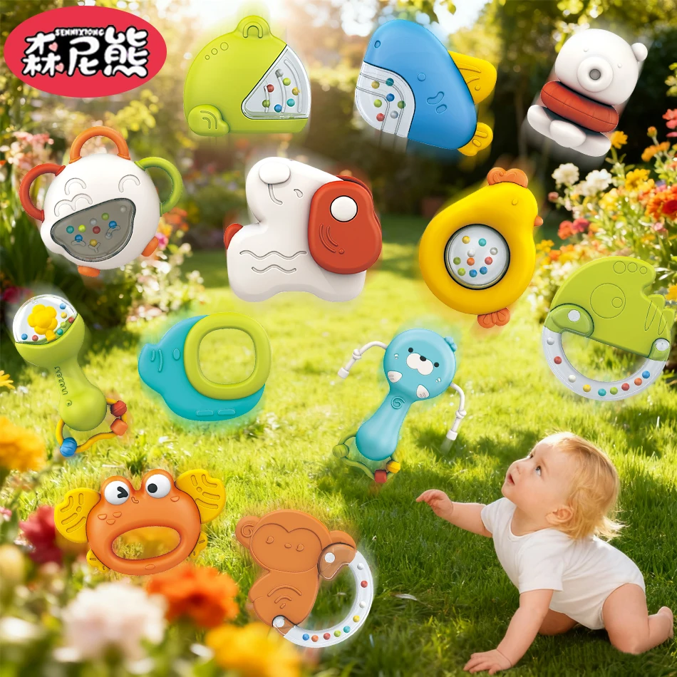 

SENNIXIONG Cartoon Elephant Shark Rattle Baby Handbell Chewable Teething Develop Sensory Montessori Toy For Newborn Toddler Gift