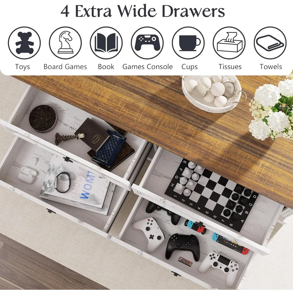 Mesa de centro de madeira estilo fazenda com 4 gavetas, peça central de armazenamento para sala de estar em nogueira branca antiga 47,2