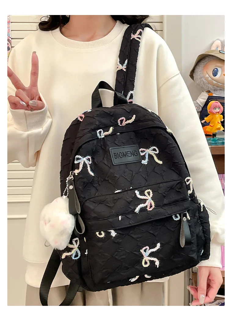Colorful Bow Full Print Ruched Fabric Backpack Four Colors Available Large Capacity Girls Junior High High School School Bag