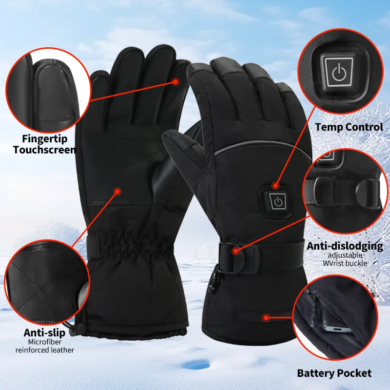 

Black Waterproof Touch Screen Rechargeable Heated Gloves Electric Winter Warm Skiing Riding Gloves Men and Women Universal
