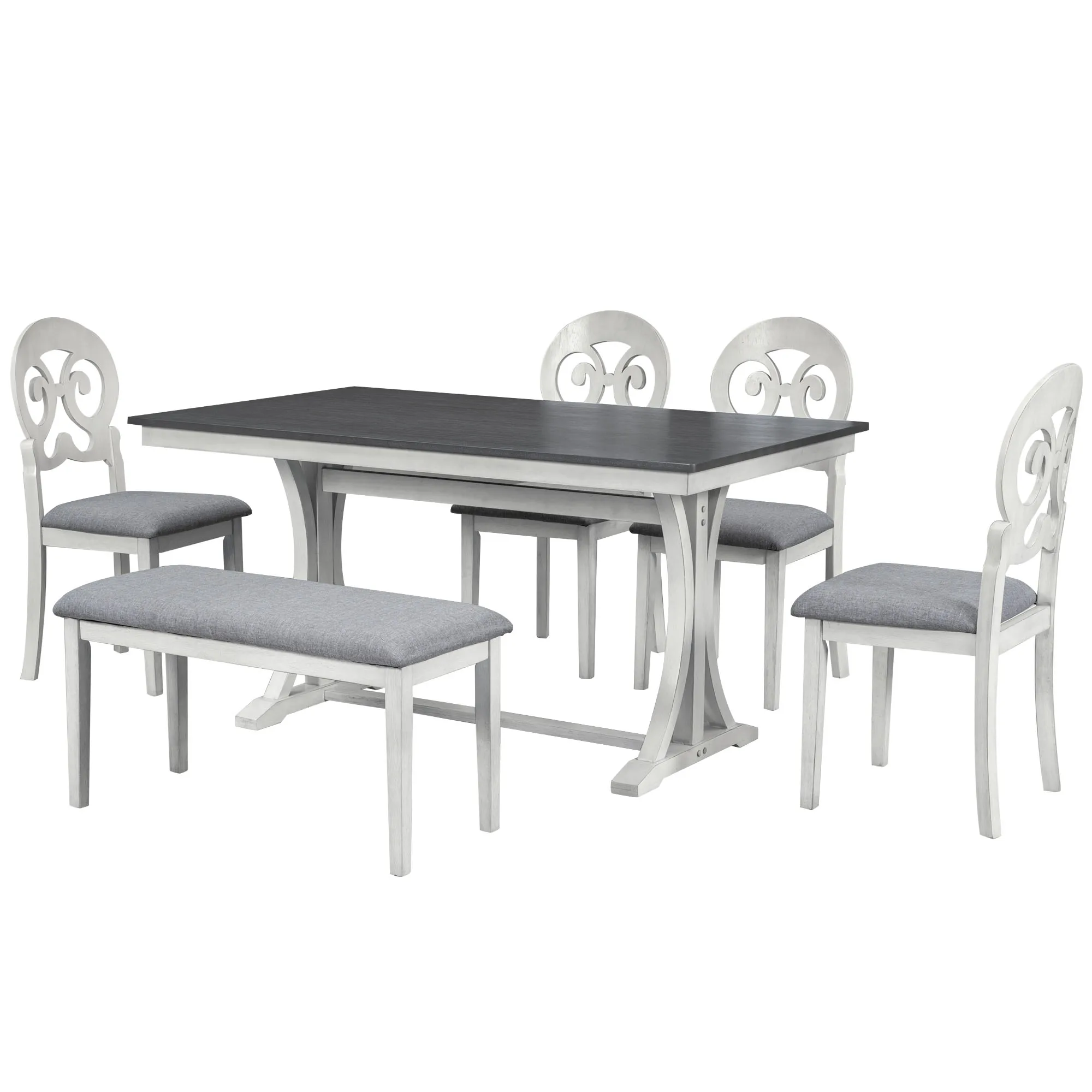 

TOPMAX Mid-Century 6-Piece Trestle Table Set with Victorian Round Upholstered Dining Chairs and Long Bench, Gray+Antique White