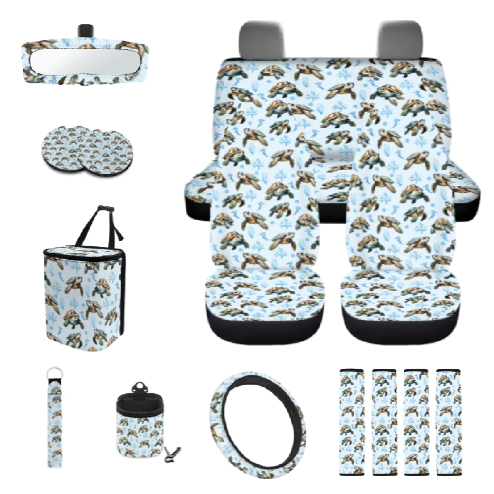 Coloranimal Sea Turtle 15 PCS with Washable Car Rear View Mirror Cover and Key Pendant for Car Interior