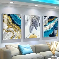 3pcs Canvas Print Abstract Feather Sea Wave Painting Modern Blue Gold Luxury Wall Art Picture for Living Room Bedroom Wall Decor