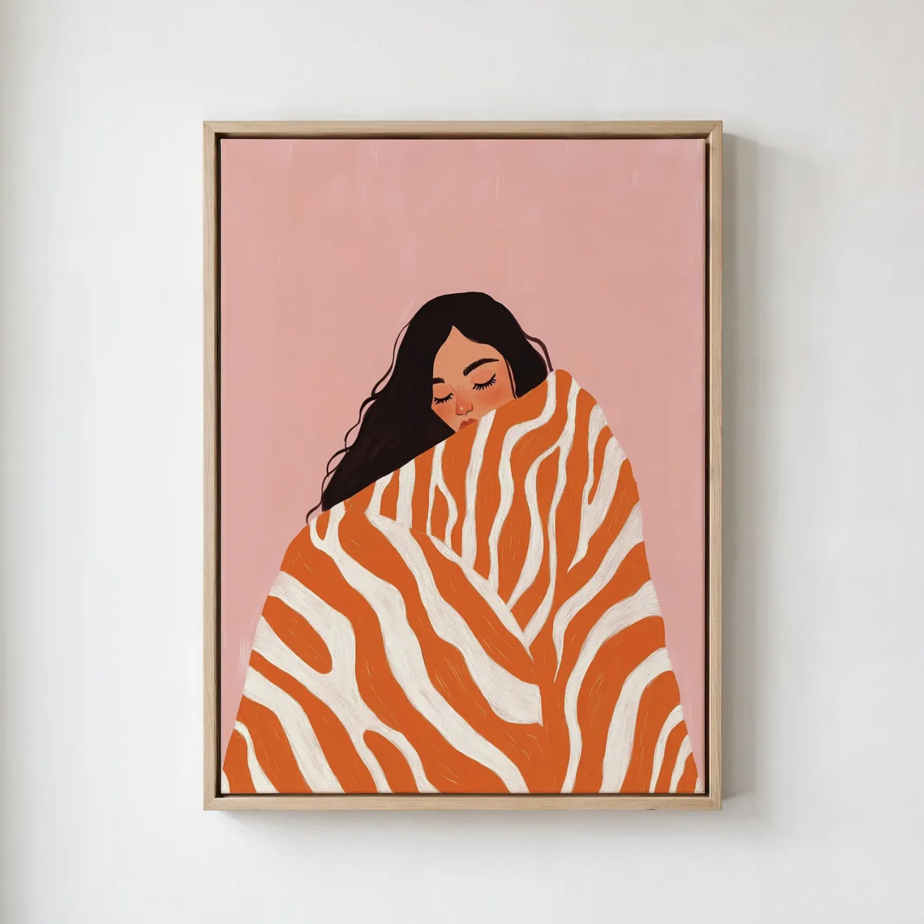 (No frame)Abstract Boho Woman Canvas Wall Art Prints, Cozy Girl With Striped Blanket Poster, Soft Pink Tone Decor for Bedroom