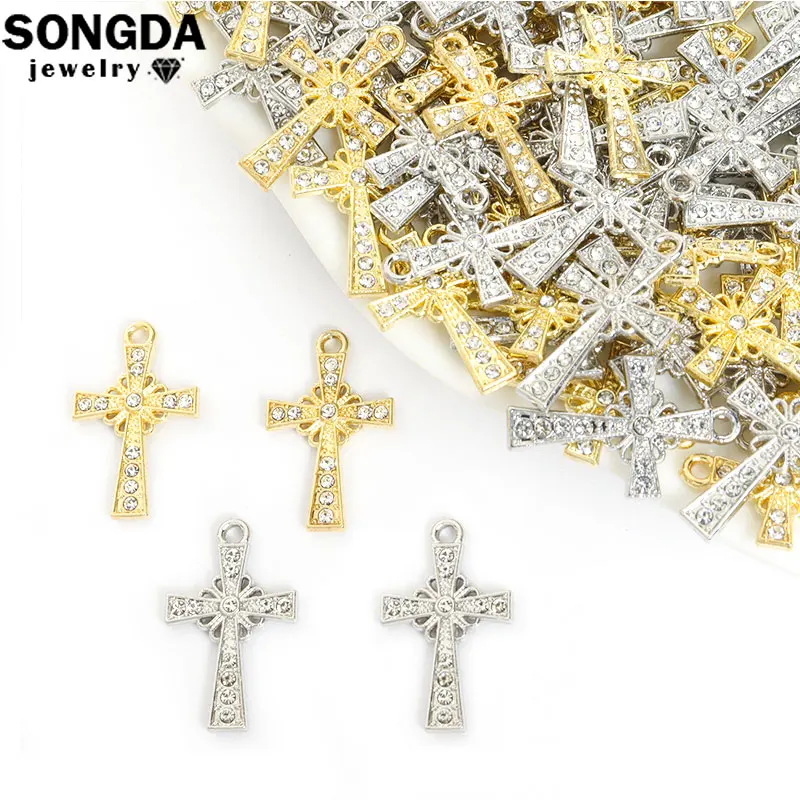 10pcs Shiny Crystal Cross Charms Light Luxury Rhinestones Catholic Belief Crucifix DIY Necklace Earring Bracelet Jewelry Pendant