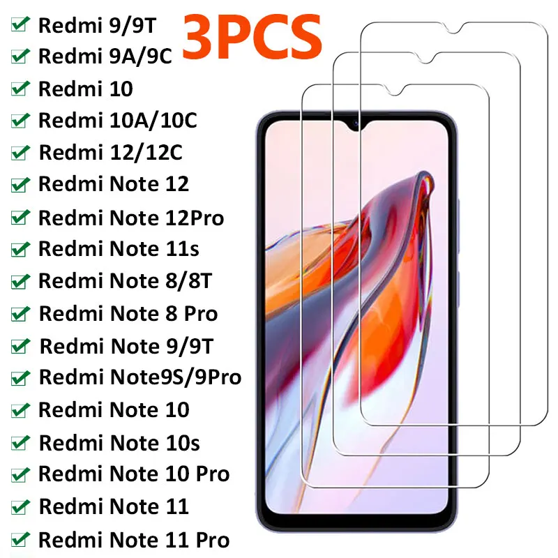 3PCS Tempered Glass For Xiaomi Redmi Note 10 11 12 9 8 Pro 11S 10S 9S Screen Protector for Redmi 12 10 9 10C 9C 9A Glass Film