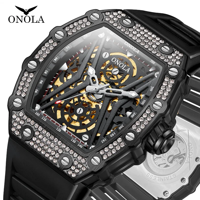 Top Brand Tonneau Mens Mechanical Watches Luxury Diamond Inlay Wrist Watch Luminous Dial Waterproof Automatic Relojes Hombre New