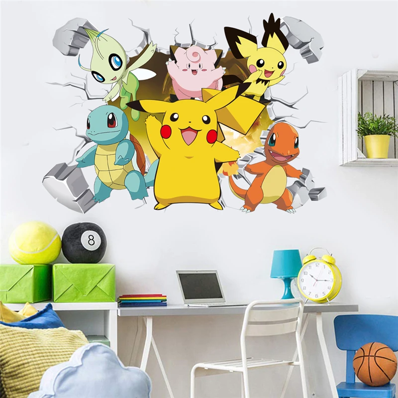 Cartoon Pikachu Wall Stickers For Kid\'s Rooms Kindergarten Living Room Bedroom PVC Wall Decoration Animated Poster Bedroom Decor