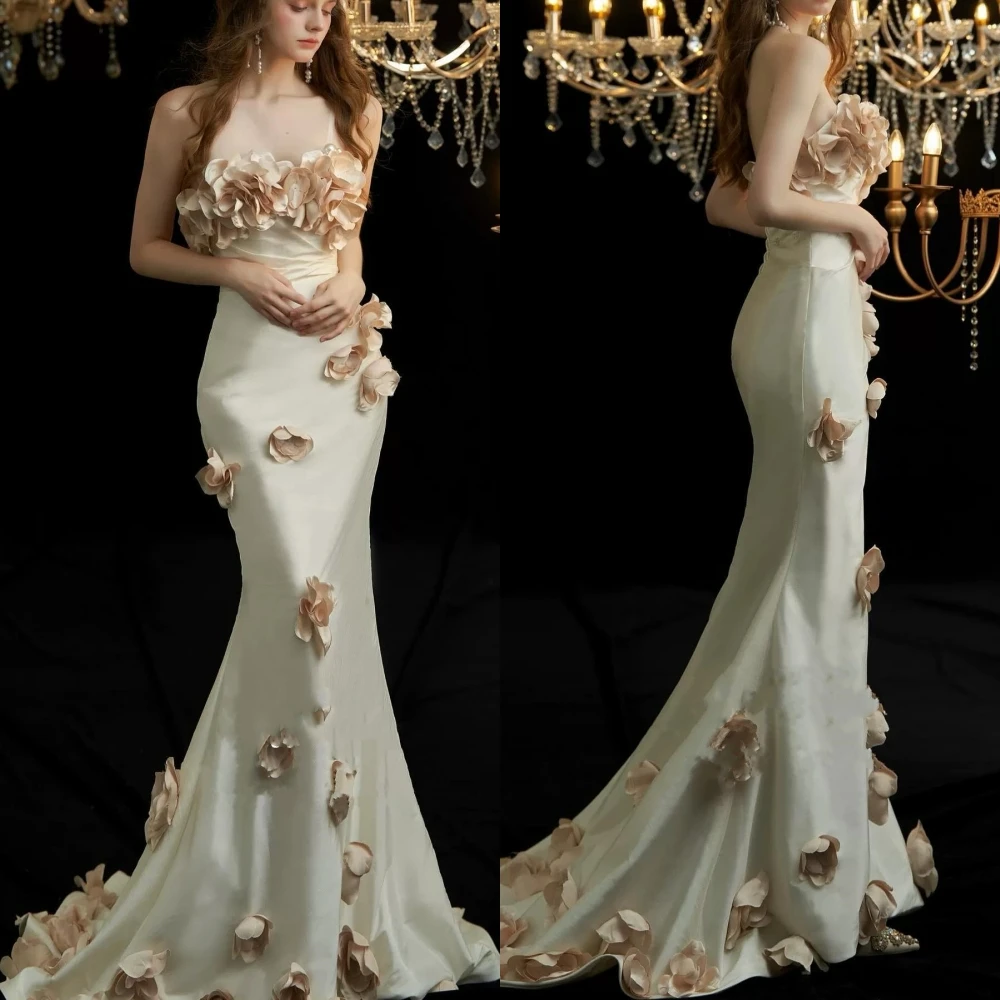 Satin Flower Evening Mermaid Strapless Bespoke Occasion Gown Long Dresses