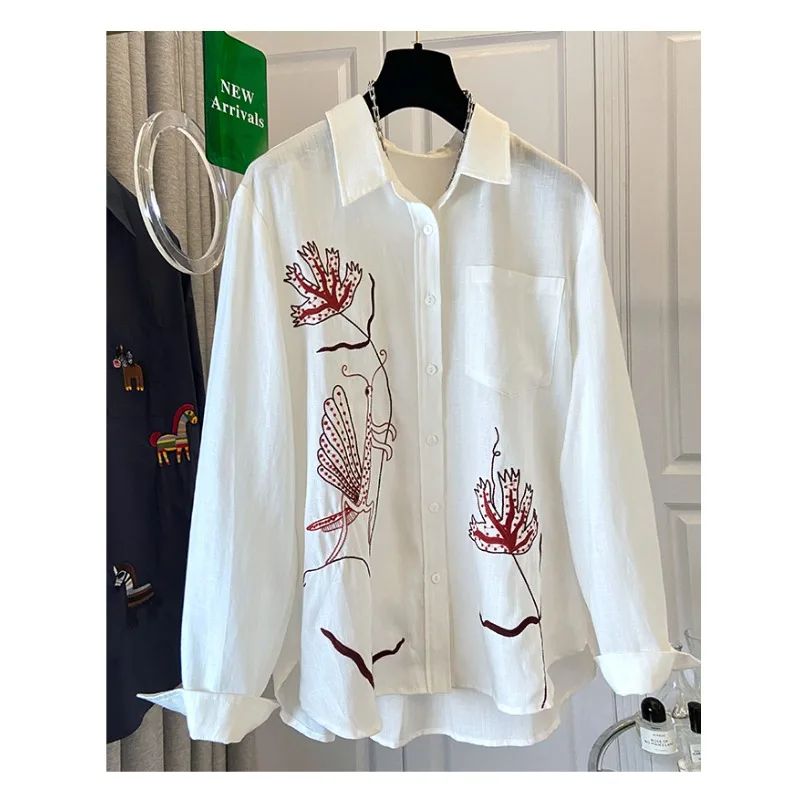 

SuperAen 2026 New Spring Design Embroidered Casual Oversize Women's Shirt Korean Style Single Breasted White Office Lady Shirts