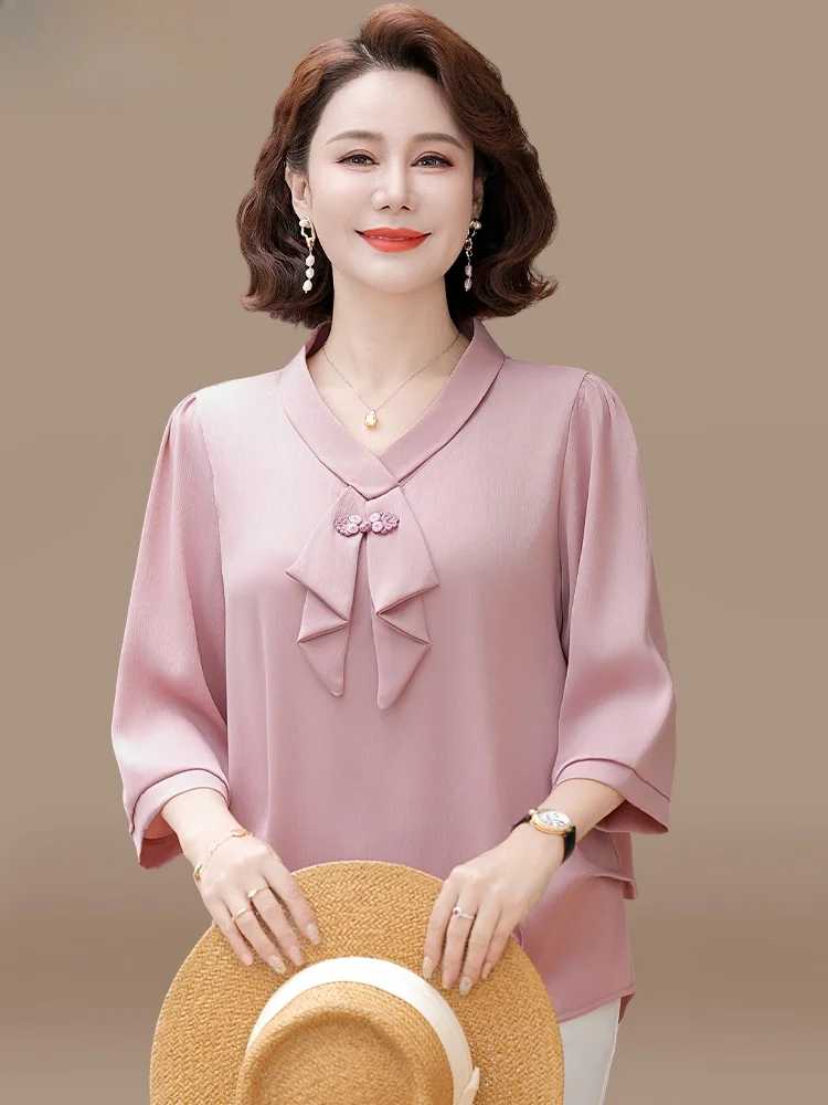 

Faionable Spring Outfit Set for Middle-Aged Mothers Ele irt Long Pants V-Ne Regular Sve Polyester Blend Casual Wear