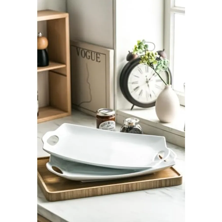 Serving Platter for Party, 16 inch Large Serving Tray with Handles Porcelain Serving Platters for Meat Serving Dishes for Enter