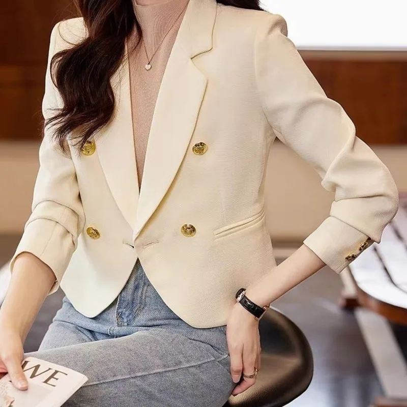 Blazer wanita lengan panjang, mantel wanita mode baru gaya kuliah kasual lengan panjang kantor sederhana temperamen Solid Chic musim semi musim gugur