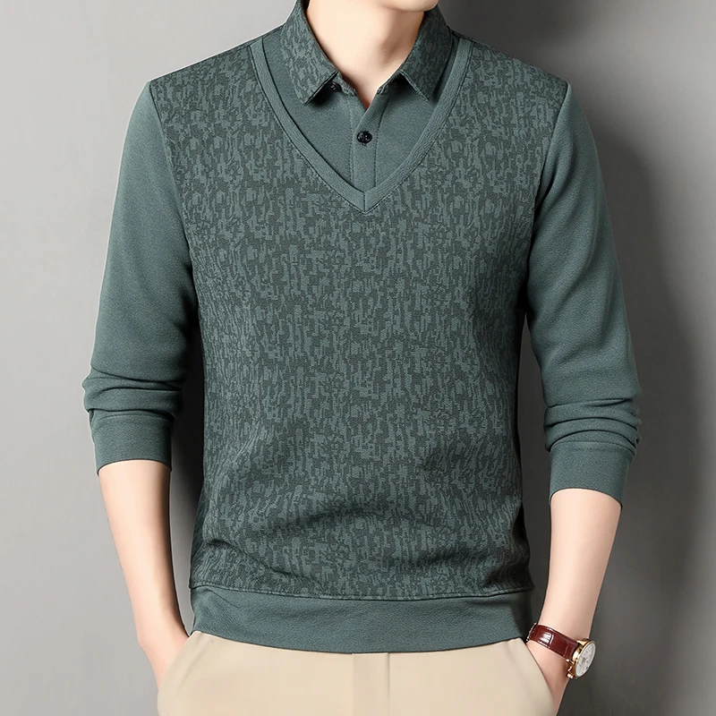 2025 Autumn Men Seersucker Patchwork Sweater Men Fleece Warm Pullover Male Shirt Collar Knitted Sweater Male Casual Undershirt