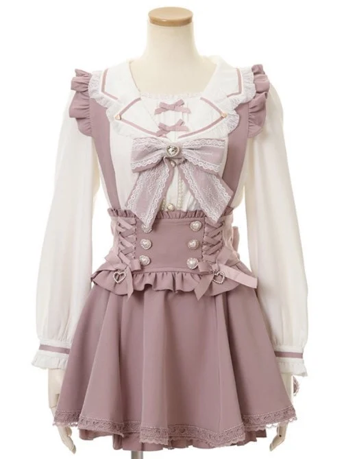 Liza Japanese Sle Sweet Ribbon  Knot Detachable Pearl Bule Production pe Skirt Pants High Waist Polka Dot