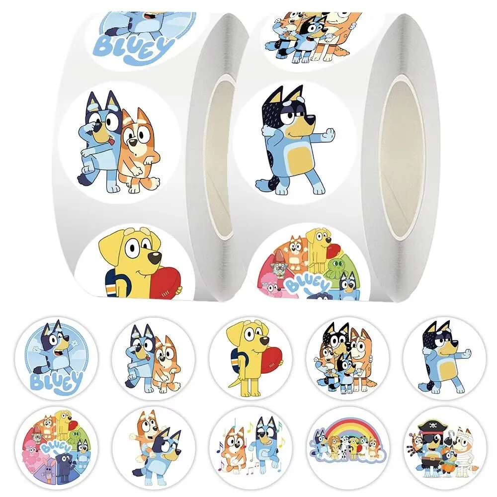 

500pcs/1000PCS Roll Cartoon Bluey Family Animation Sealing Sticker DIY PVC Laptop Decals Decoration Stiker Reward Birthday Gift