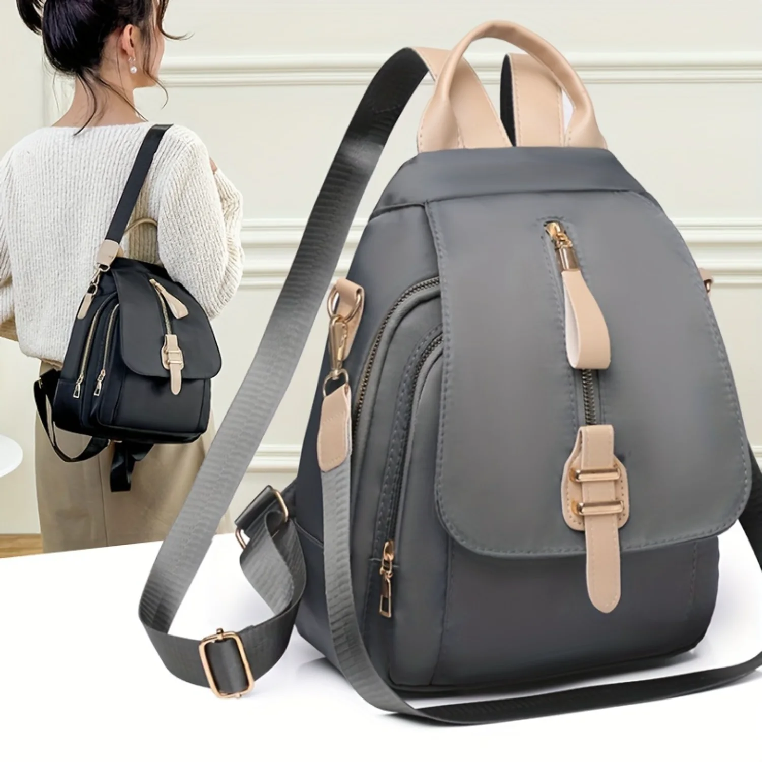 Women's Casual Nylon Backpack, Stylish Multifunctional Commuter Backpack, Trendy Flap Daypack
