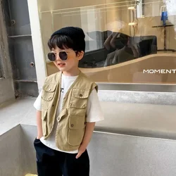 Boy Vest 2024 Children Handsome Korean Vest Waistcoat Boy Loose Coat Outerwear Single Breasted Buckle Leisure Clothes
