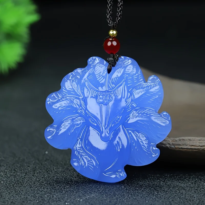 

Elegant Fox Pendant Necklace - Real Stone, Exquisite Carving, Blue and White Pendant