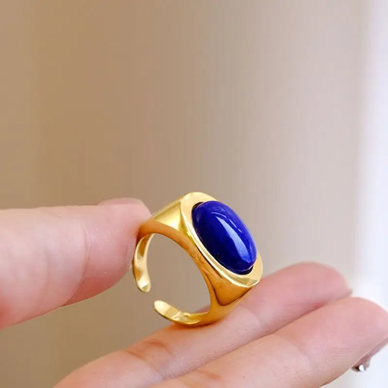 Simplicity Lapis lazuli rings for women original design glossy oval design couple\'s ring banquet jewelry Adjustable opening