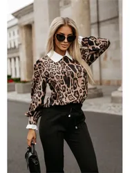 Leopard Blouse Woman 2024 Autumn Casual Long Sleeve Printed White Collar Top Women's Fashion Ladies' Tops Office Women