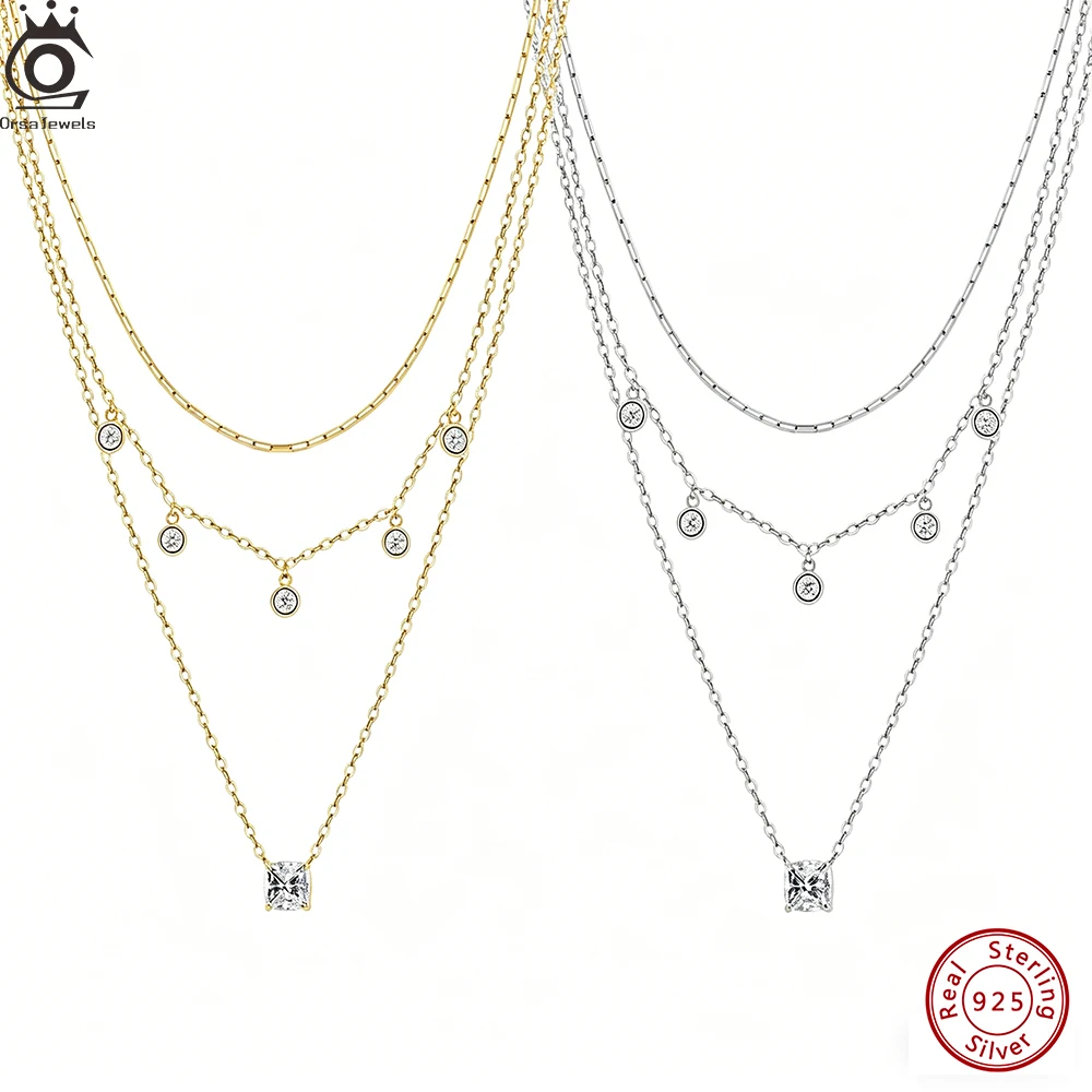 

ORSA JEWELS Exquisite 925 Sterling Silver Sexy Layered Chain Necklace for Women Brilliant Summer Choker Jewelry Accessorry BQN43