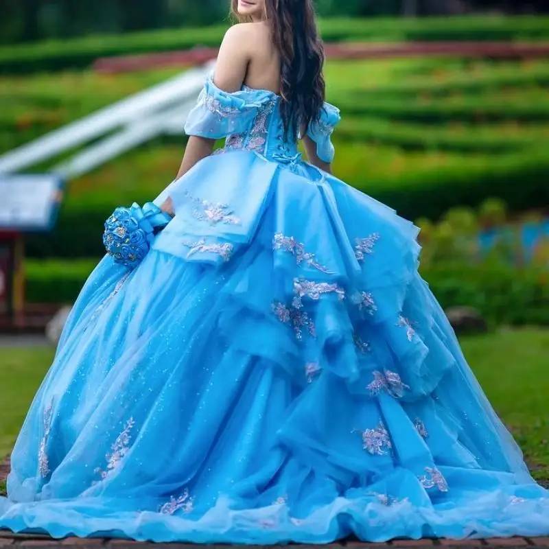 Sky Blue Shiny Quinceanera Dress Off The Shoulder Lace Applique Sequins Beading Tull Mexican Sweet 16. Vestidos De XV 15 Anos