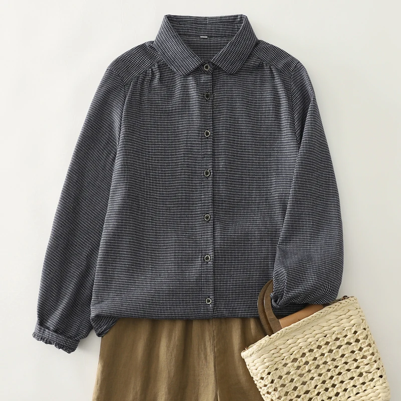 Casual Sle Plaid Long Sve irt Feminino Fino Algodão Poliéster Mistura Loose Fit Botão Up Boneca Gola Versátil Primavera Aut...