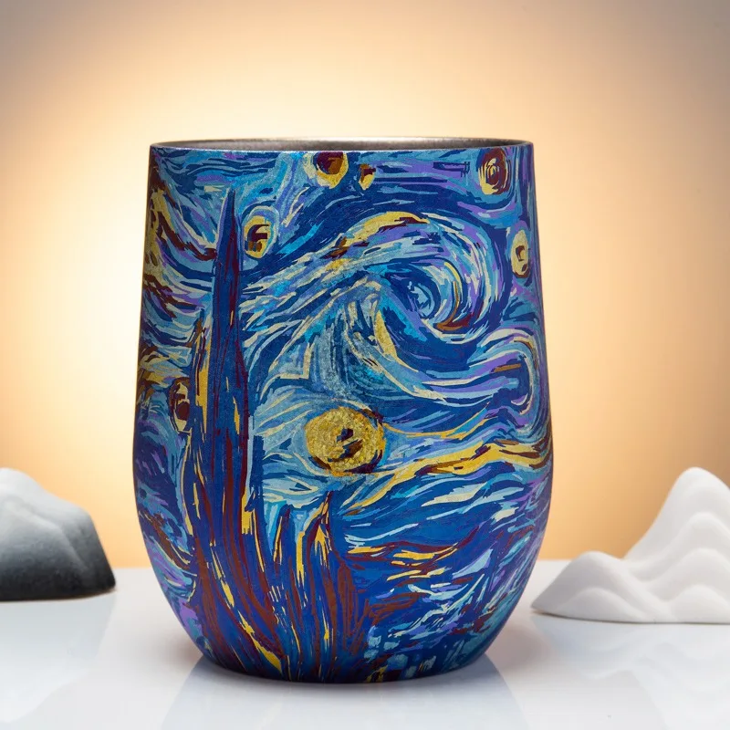 Van Gogh pure titanium coffee cup, high-value portable titanium cup, outdoor office color titanium tea cup
