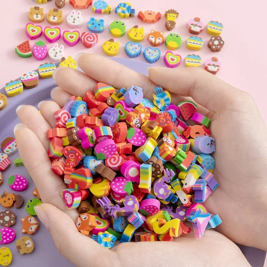 20-200pcs Mini Erasers Fruit Animal Number Cake Heart Designs School Supplies Graduation Gifts Classroom Prizes Birthday