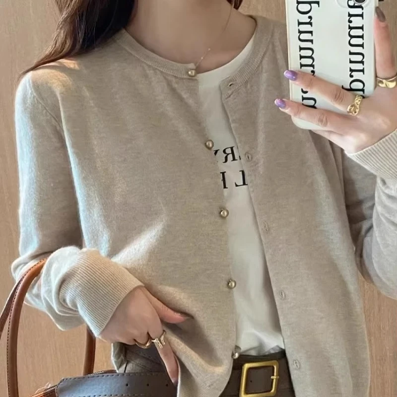 Woman Round Neck All Match Sweater Outwear 2026 Solid Knitted for Women Cardigan Korean Single Breasted Long Sleeve Jumper