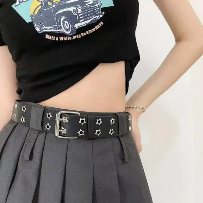 Vollständig perforierter Retro-Doppelreihen-Gürtel mit Sternen, vielseitiger Gürtel für Damen, dekorativer Jeansgürtel im Punk-Stil, breiter Damengürtel
