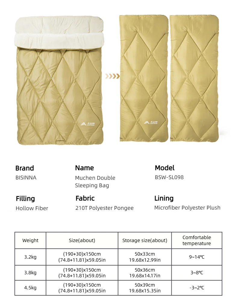 BISINNA Doppel-Campingschlafsack, tragbar, für 2 Personen, 4-Jahreszeiten-Abnehmbarer Winterschlafsack für Wandern und Tourismus – Detail 11