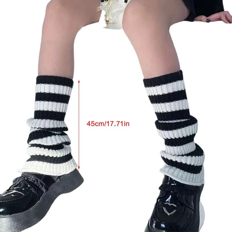 Women Chunky Ribbed Knit Leg Warmers Gothic Striped Print 90s Boot Socks
