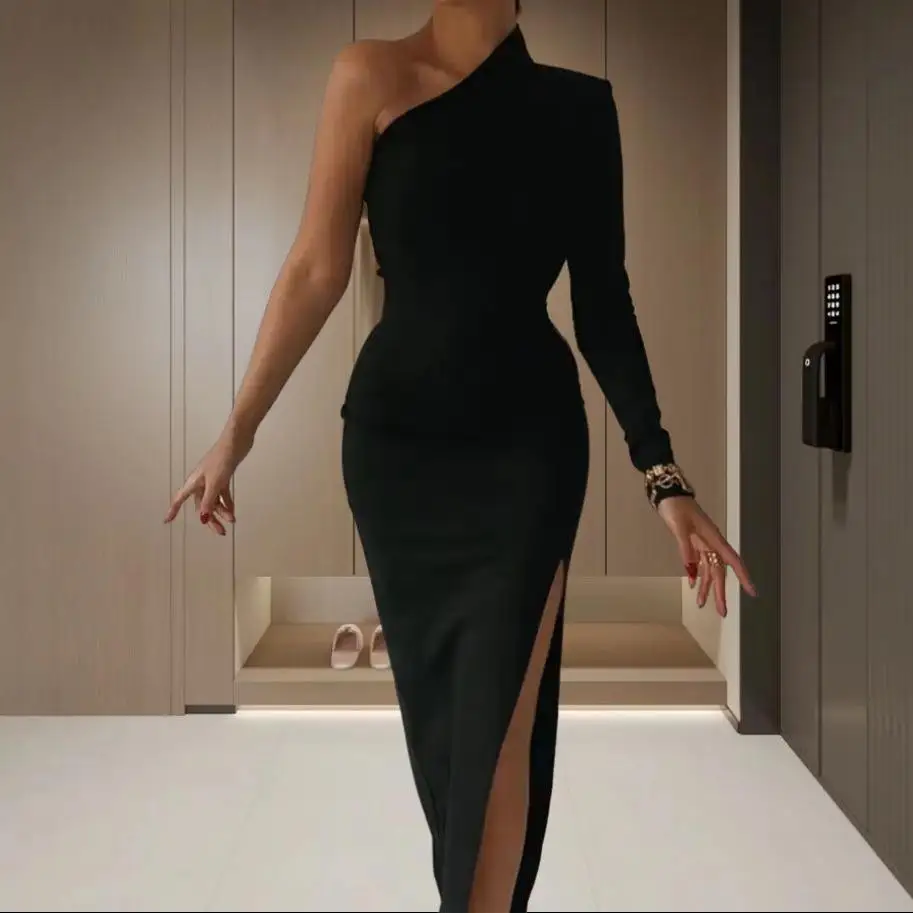 مثير سبليت سليم صالح Bodycon الدكتور واحد الكتف منخفضة الخصر ربيع 2024 Faion المرأة الدكتور البوليستر النسيج لا Sve