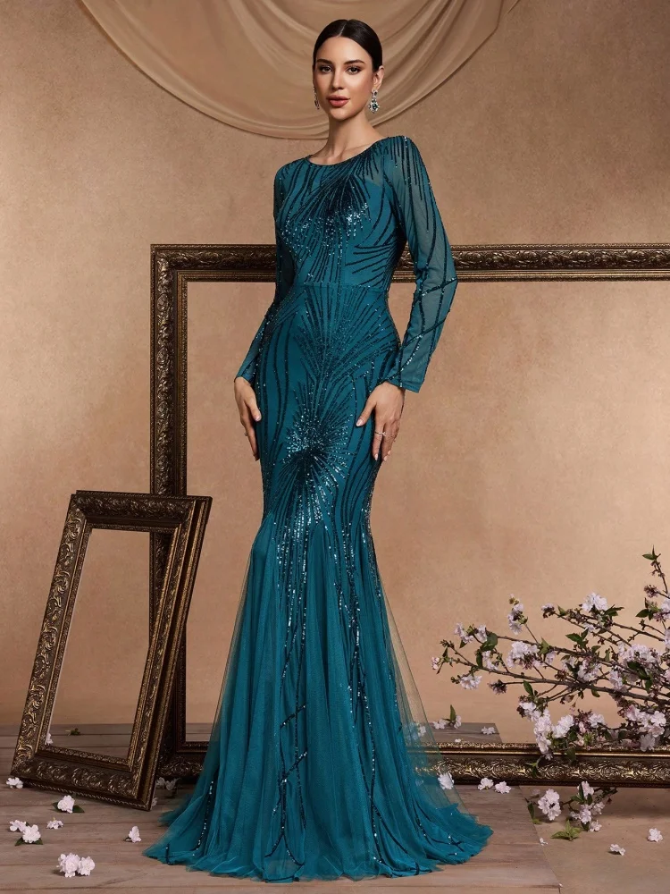 Elegant Long Sleeves Blue Sequin Evening Dresses 2025 Women Mermaid Formal Party Maxi Prom Dress Cocktail Graduation Gowns