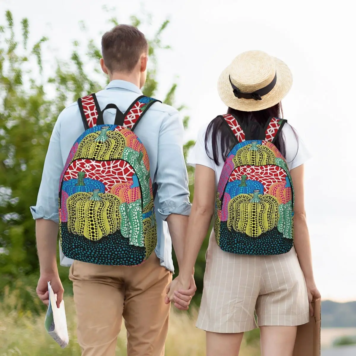 Mochila de lona con estampado de calabaza para hombre y mujer, morral personalizado de tres lunares, impermeable, para colegio universitario, Yayoi