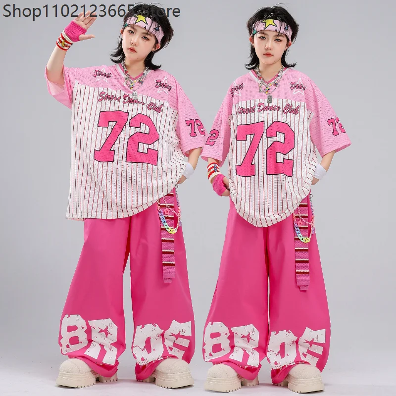 Boys Hip Hop Clothing Striped T Shirt Top Rose Red Baggy Pants Cool Jazz Dance Costume Group Street Wear Stage Performance Set