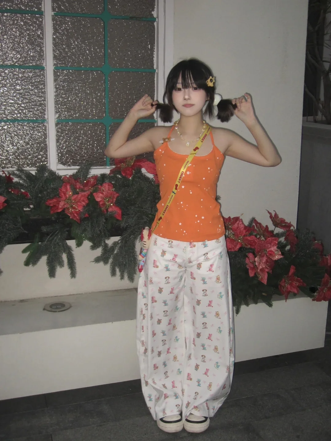 Damskie białe jeansy vintage z nadrukiem kreskówkowej kokardy Y2k, z wysokim stanem, szerokie nogawki, spodnie dżinsowe w stylu streetwear, proste, codzienne spodnie z lat 2000.