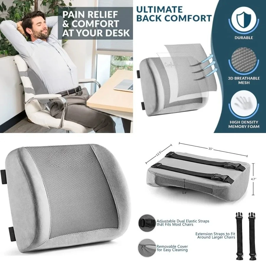

Lumbar Support Back Pillow Office Chair and Car Seat Cushion - Memory Foam with Adjustable Strap and Breathable 3D Mesh (Gray)