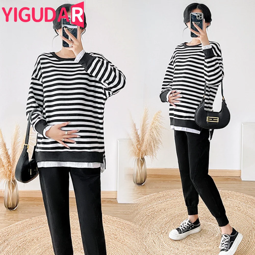 

Striped Maternity Hoodies Oversize Loose Sweatshirt Clothes for Pregnant Women Casual Pregnancy photoshoot Tops Female body