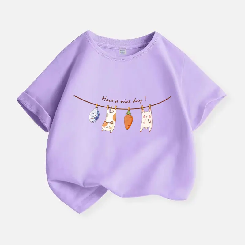 2-12 Year Cotton Cute Fish and Cat Tshirt for Girls Summer Baby Kids T Shirt Short Sleeves Casual Y2K Girl Tops Tee Pink White